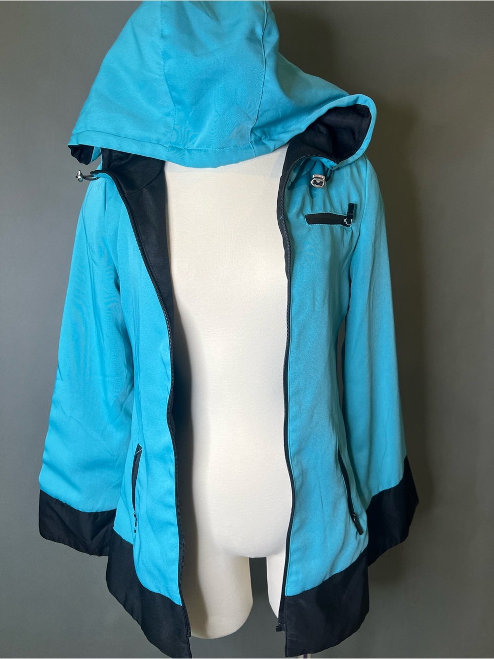 Lightweight Aqua Blue Hooded Jacket with Black Trim